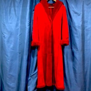 BCBG long, red shearling leather women hooded coat